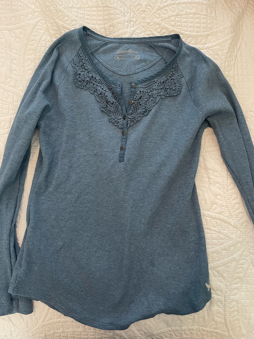 Eddie Bauer Dusty Blue Lace-Trim Henley Long Sleeve Top